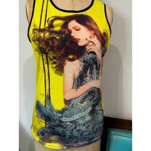Vintage 1990s y2k Yellow + Colored Lace Bedazzled Tank Top w/ Woman Design - S?